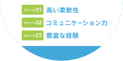 メリット01高い柔軟性、メリット02 コミュニケーション力、メリット03 豊富な経験